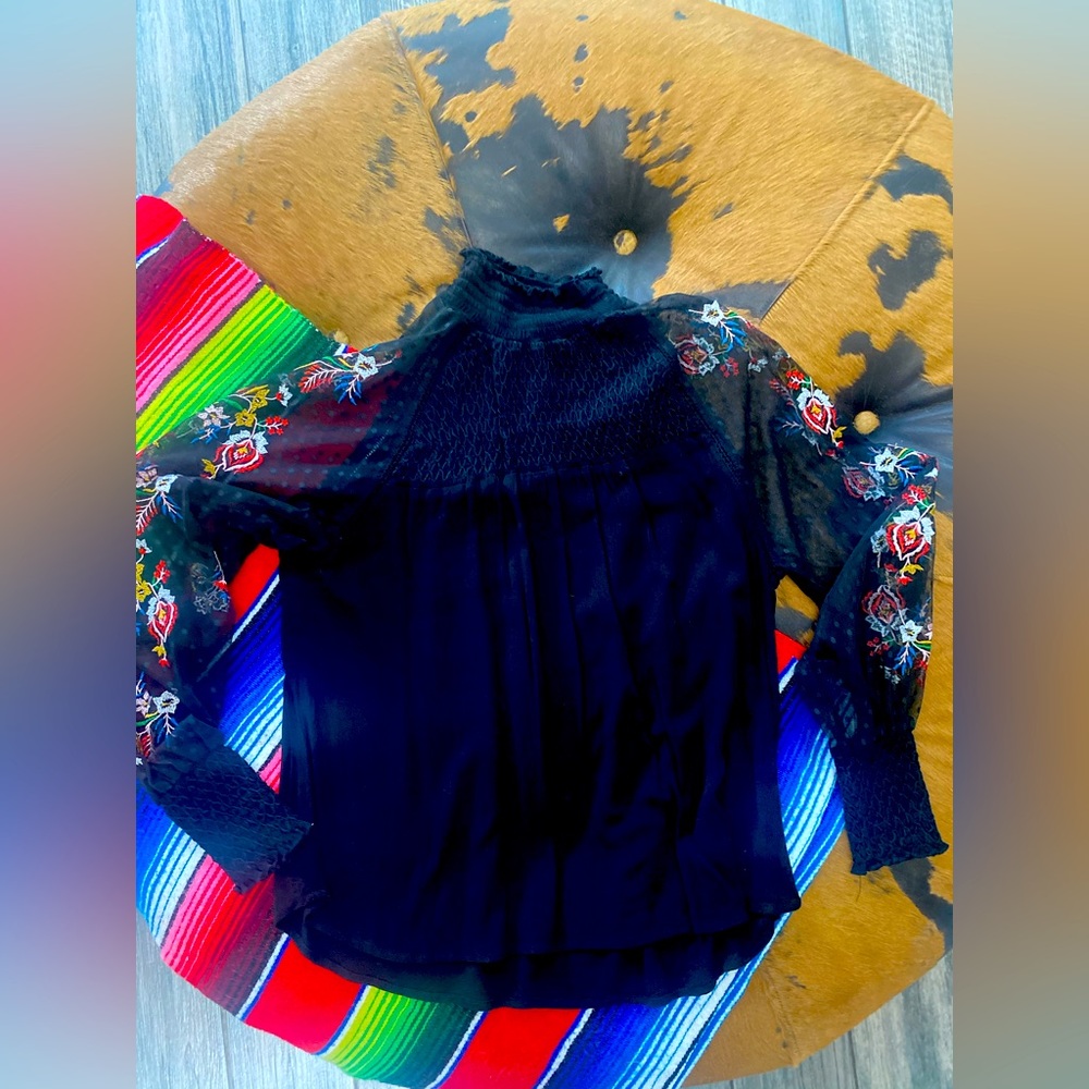 Long sheer sleeve ,embroidered sleeve ,black blouse